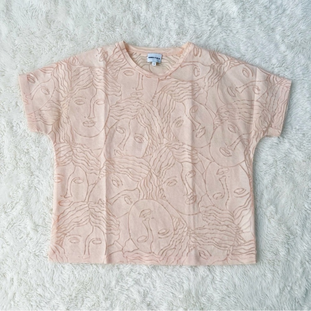 Bimba Y Lola Women Peach Sheer Graphic Face Mesh T-Shirt SMALL Eclectic Boho